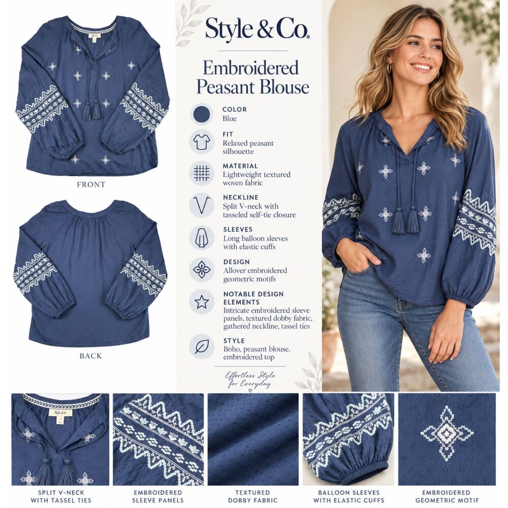 Style & Co Blue V-Neck Embroidered Boho Dobby Peasant Blouse Navy Blue Size M